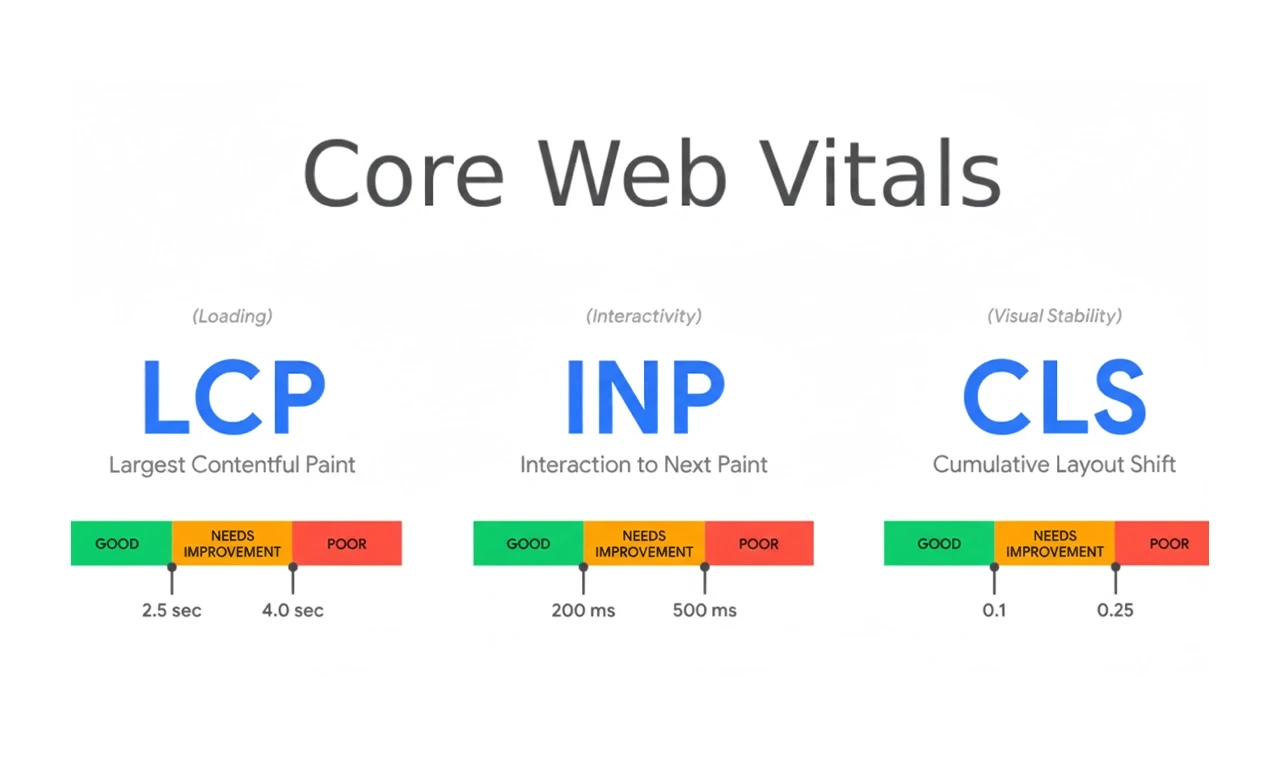 Core Web Vitals三大指標LCP, INP, CLS的圖示與說明